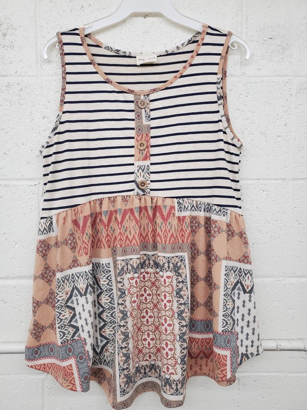 6047- Boho Babydoll Tank w/ Stripe Top