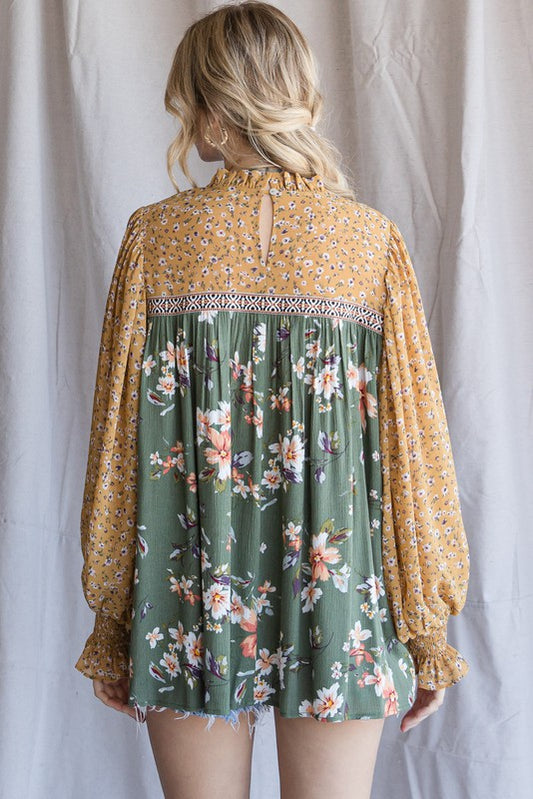 456- Green & Mustard Floral Print Top