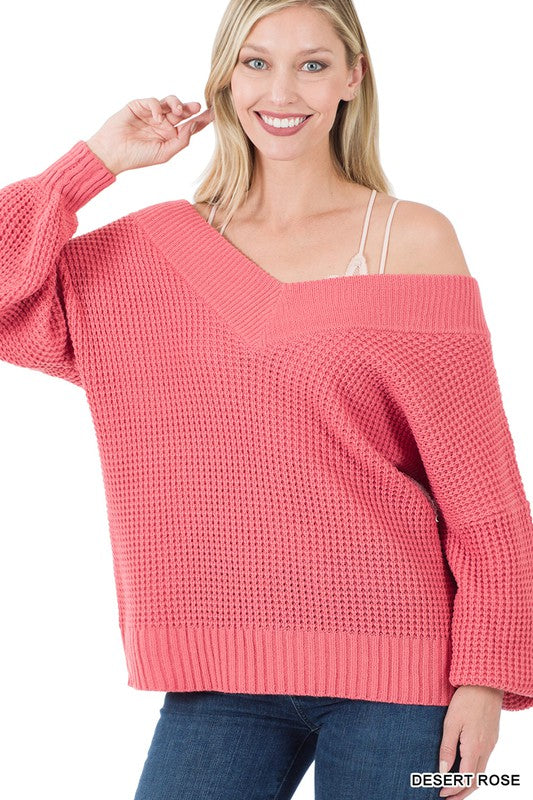 7209- Desert Rose Wide V-Neck Waffle Sweater