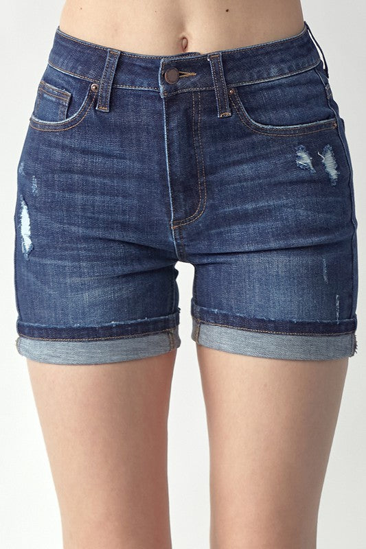 657- Dark Wash Mid Rise Cuffed Non Distressed Shorts