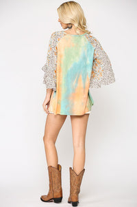 950- Tie Dye & Floral Mix Print Tunic Top