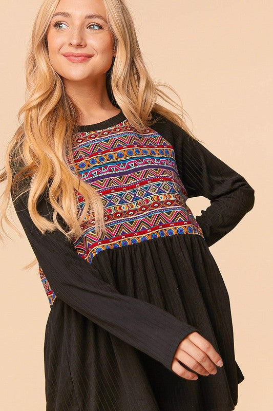 1813- Black w/ Aztec Babydoll Top