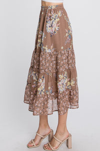 2036- Mocha Sheer Tier Floral Maxi W/ Lining