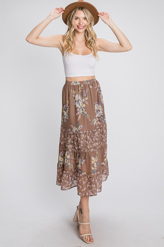 2036- Mocha Sheer Tier Floral Maxi W/ Lining