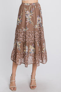 2036- Mocha Sheer Tier Floral Maxi W/ Lining