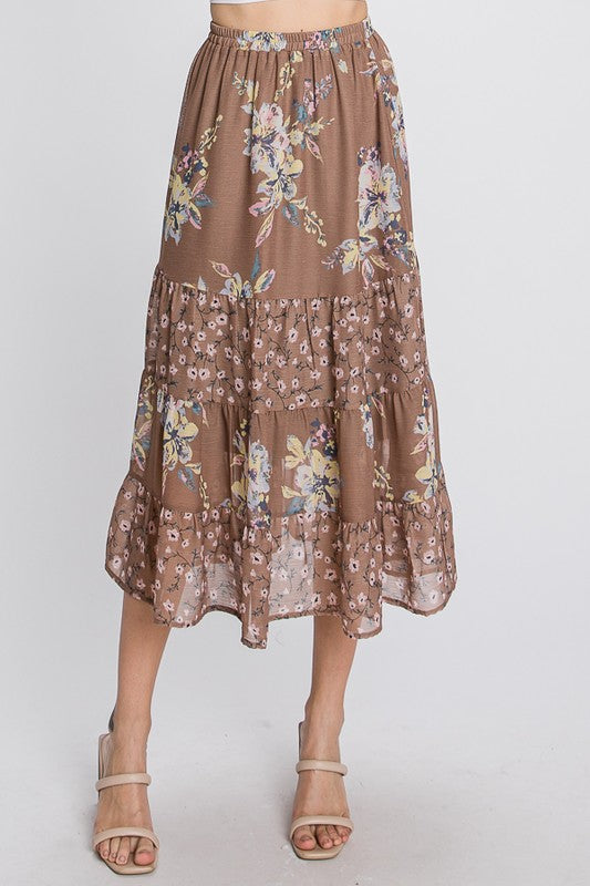 2036- Mocha Sheer Tier Floral Maxi W/ Lining