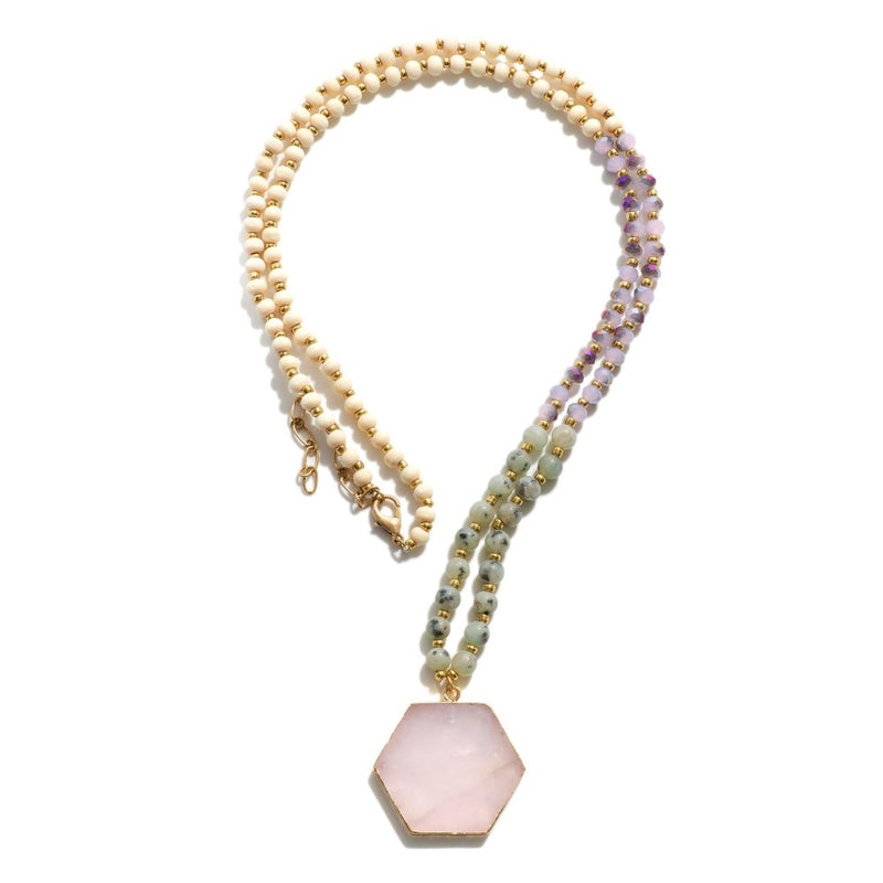 1484- Pink Long Multi Color Beaded Necklace w/ Hexagon Pendant