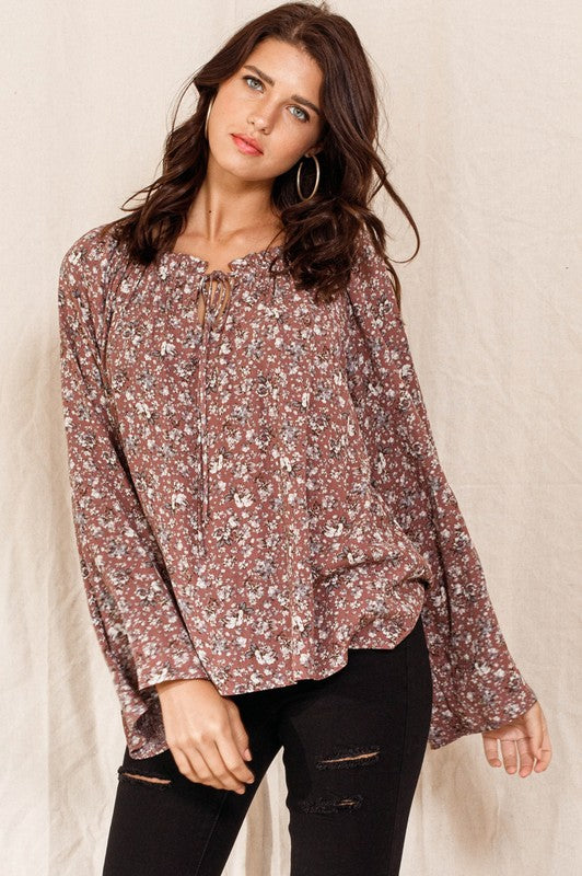 1511- Marsala Round Neck w/ Tie Floral Print Top