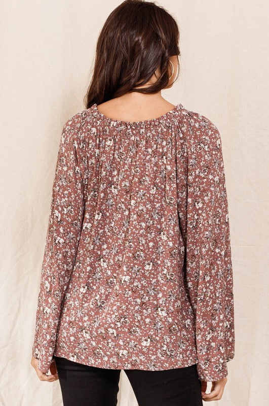 1511- Marsala Round Neck w/ Tie Floral Print Top