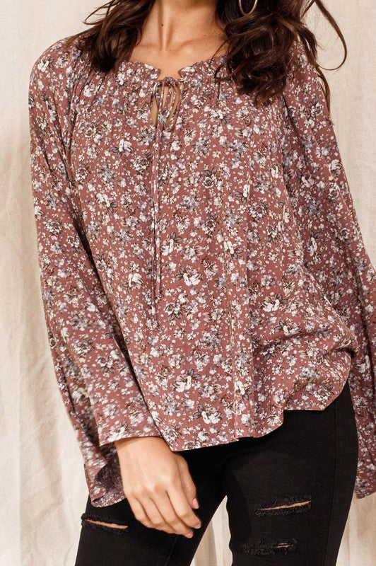 1511- Marsala Round Neck w/ Tie Floral Print Top