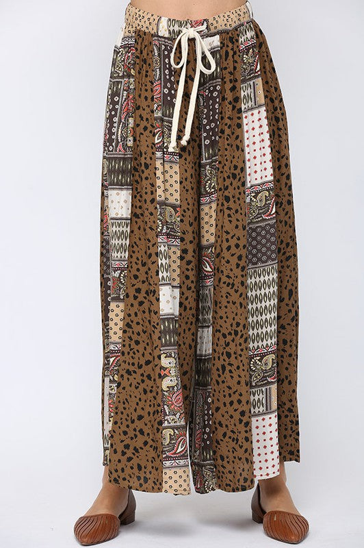 6597- Brown Wide Leg Mix Print Pants w/ Drawstring