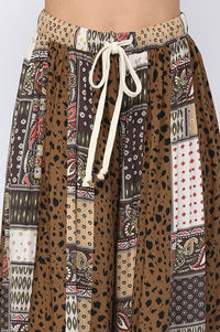 6597- Brown Wide Leg Mix Print Pants w/ Drawstring