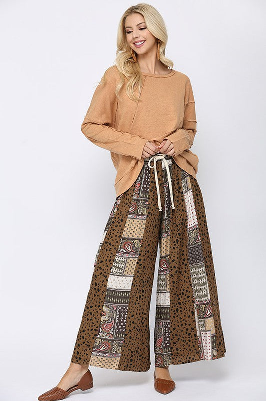 6597- Brown Wide Leg Mix Print Pants w/ Drawstring