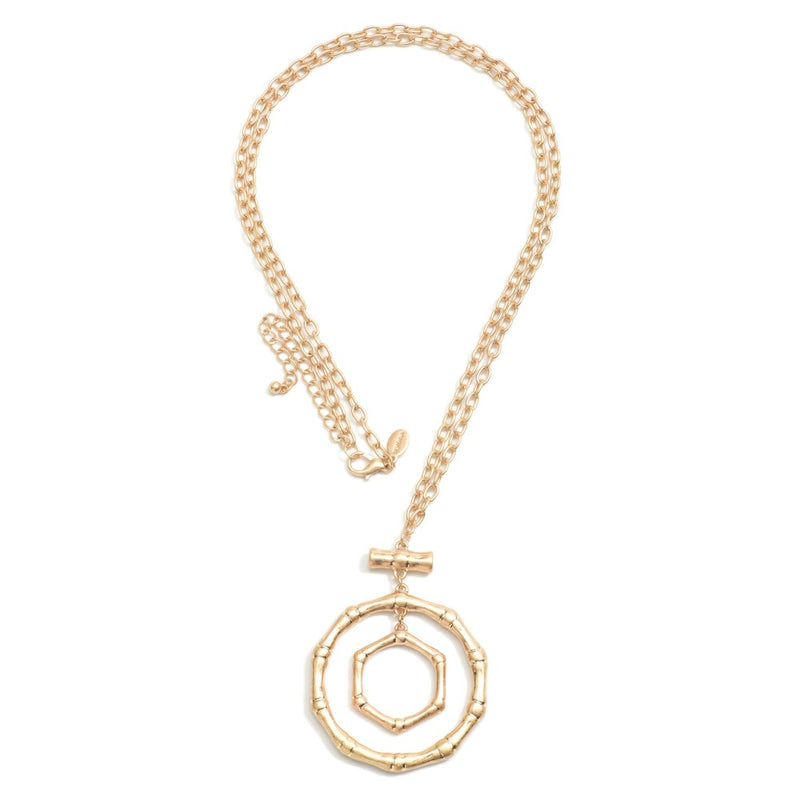 1695- Gold Long Metal Tone Necklace Featuring Bamboo Rings