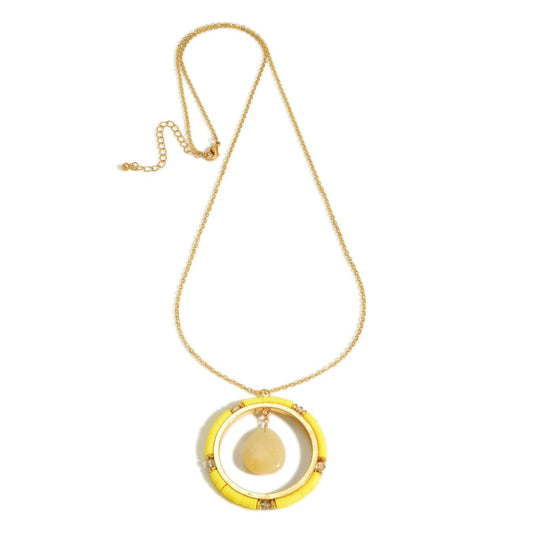 1697- Yellow Long Chain Link Necklace Featuring Circular Pendant & Beads