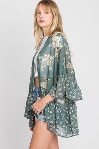 2041- Hunter Green Floral Print Kimono w/ Ruffle Detail