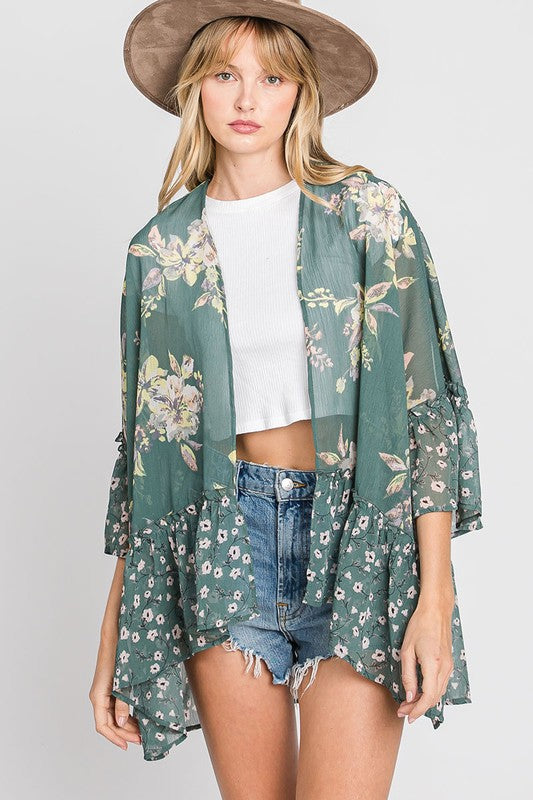 2041- Hunter Green Floral Print Kimono w/ Ruffle Detail