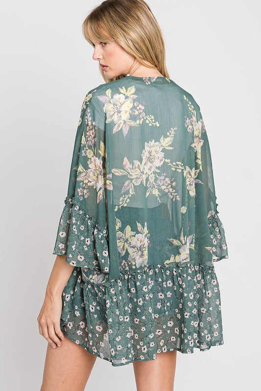 2041- Hunter Green Floral Print Kimono w/ Ruffle Detail