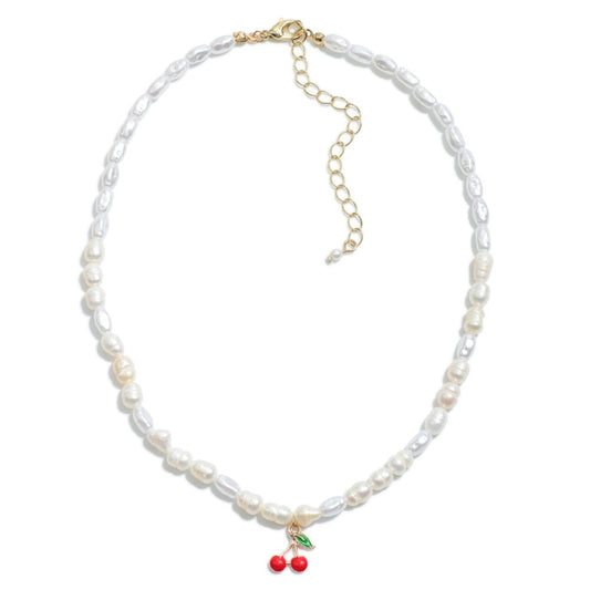 6110- Pearl Beaded Necklace Featuring Cherry Charm