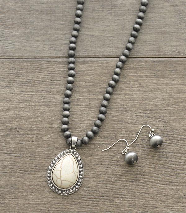 7048- Stone Necklace w/ Teardrop White Cracked Stone Pendant