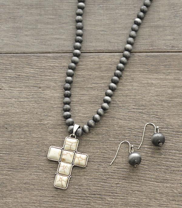 7046- Stone Beaded Necklace w/ White Cracked Stone Cross Necklace