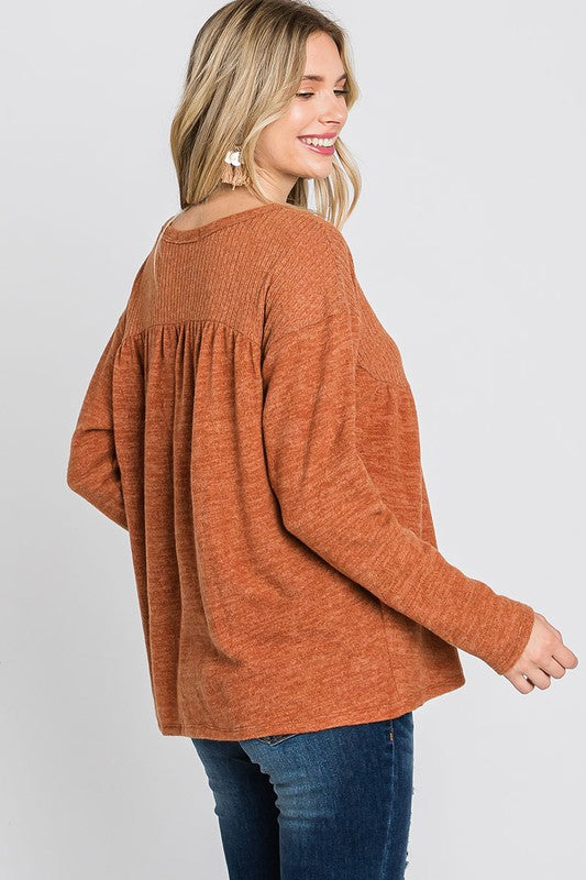 2046- Rust Brushed Babydoll Top