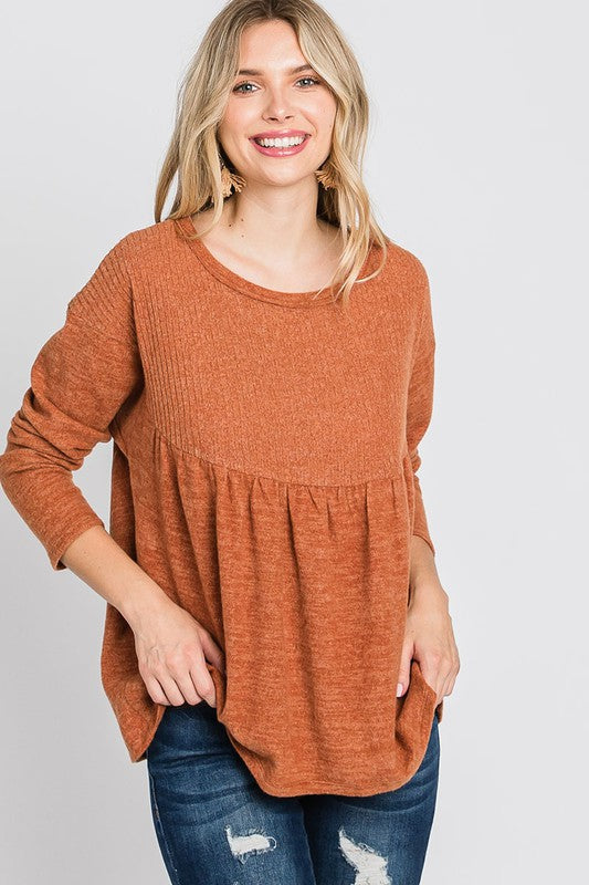 2046- Rust Brushed Babydoll Top