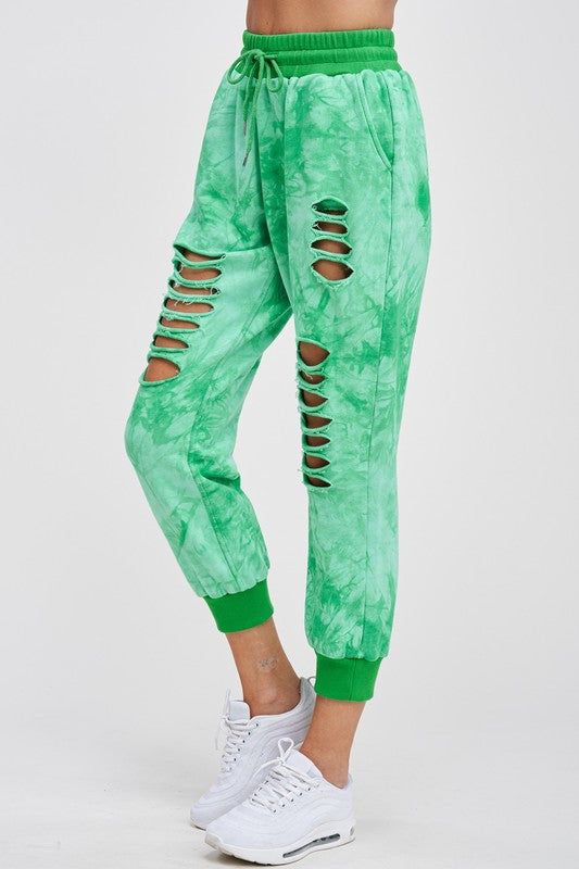 1844- Green Tie Dye Distressed Joggers