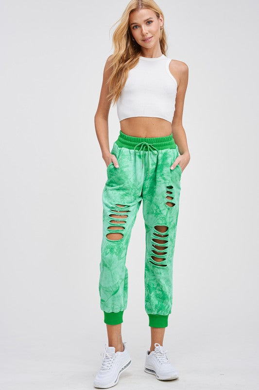 1844- Green Tie Dye Distressed Joggers