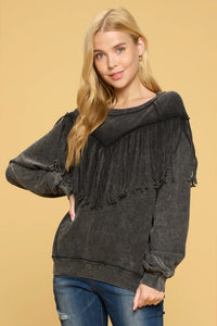 1593- Black Mineral Washed Fringe Front Top