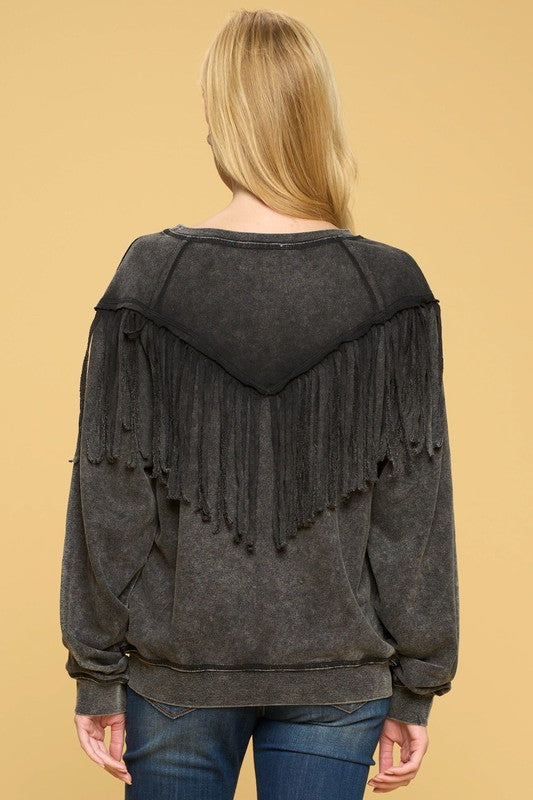 1593- Black Mineral Washed Fringe Front Top