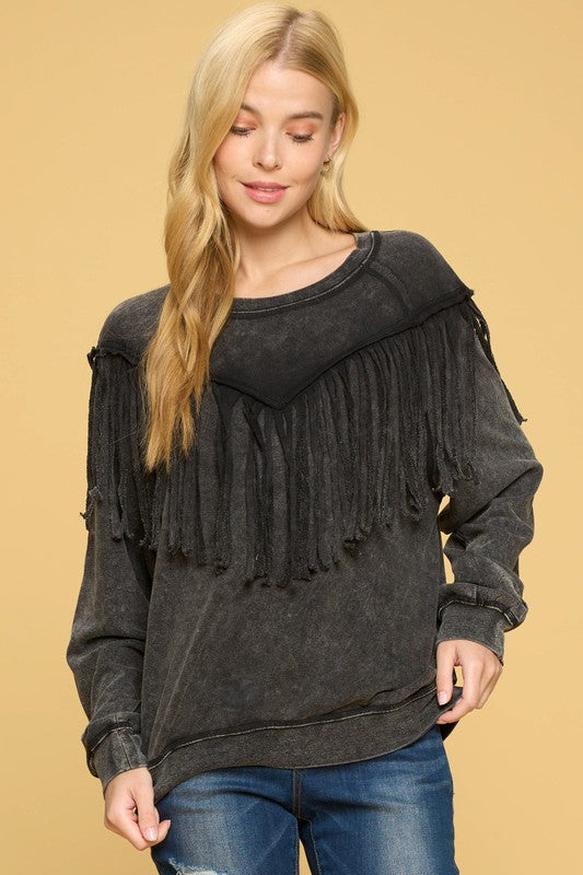 1593- Black Mineral Washed Fringe Front Top