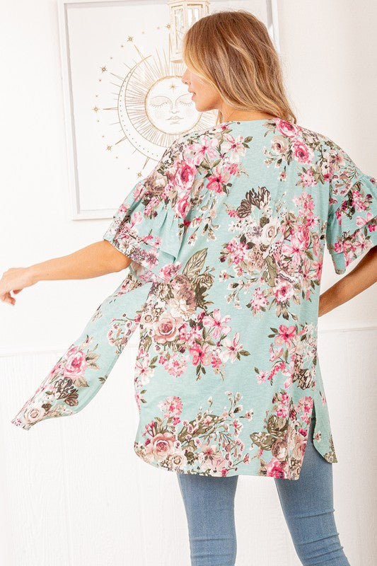 1780- Mint & Floral Kimono w/ Ruffle Sleeves