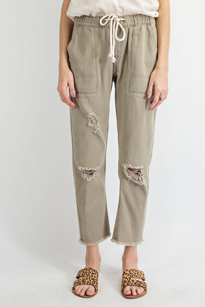 1141- Faded Olive Ripped & Distressed Boyfriend Pants