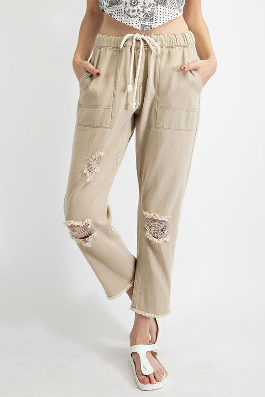 1142- Khaki Ripped & Distressed Boyfriend Pants