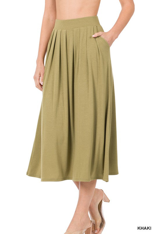 7173- Khaki High Waisted Pleated Skirt