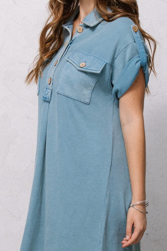 1884- Washed Blue Waffle Henley Dress