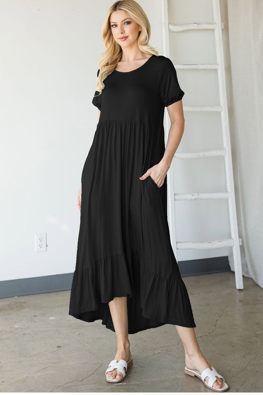 1899- Black Mid Calf High Low Ruffle Babydoll Tier Dress