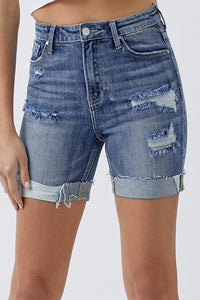 8020- High Rise Medium Wash Distressed Cuff Shorts [RISEN]