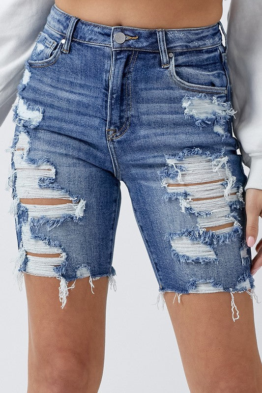 538- High Rise Dark Wash Distressed Bermuda Shorts