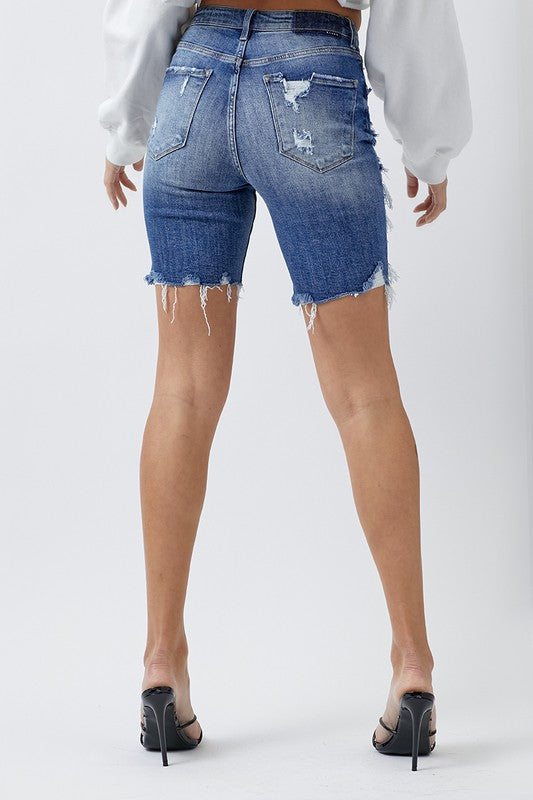 538- High Rise Dark Wash Distressed Bermuda Shorts