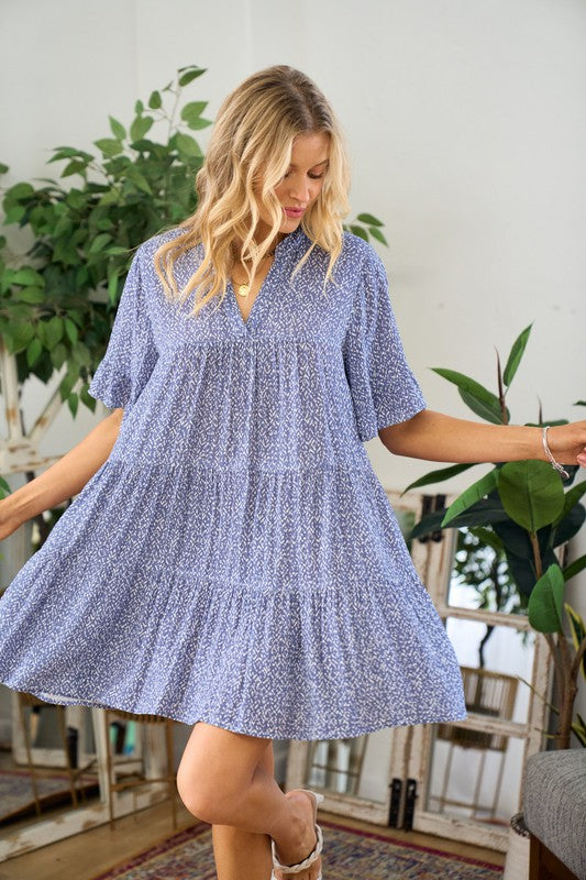 1812- Blue Spotted Printed Tier Dress