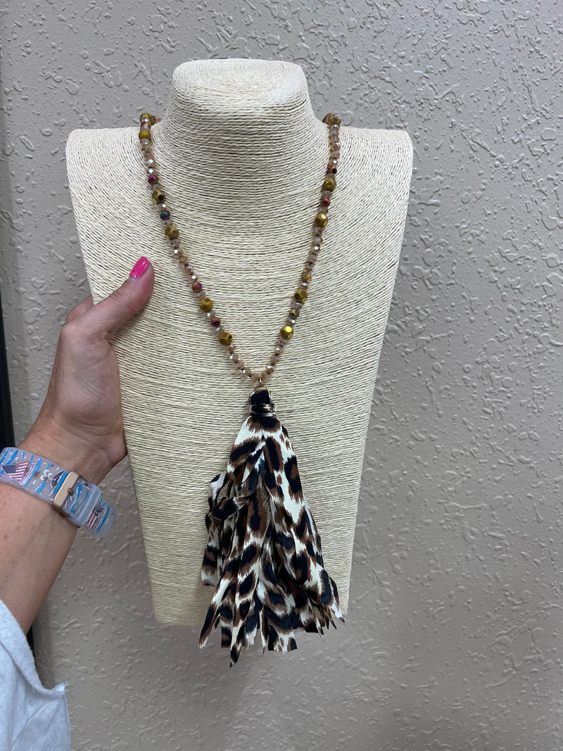 1930- Taupe Leopard Print Tassel Necklace w/ Beaded Tassel Detail