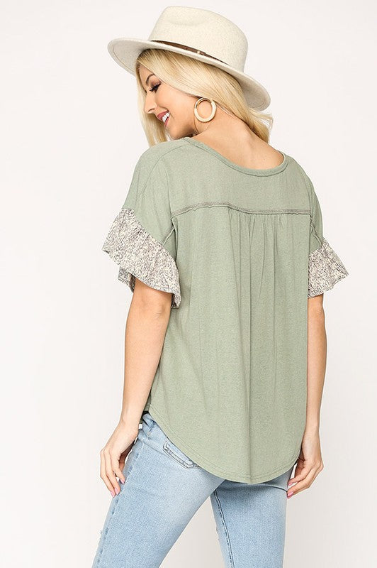 765- Dusty Mint W/ Print Sleeve Short Sleeve Top