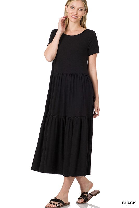 1776- Black Tier Mid Calf Short Sleeve Dress