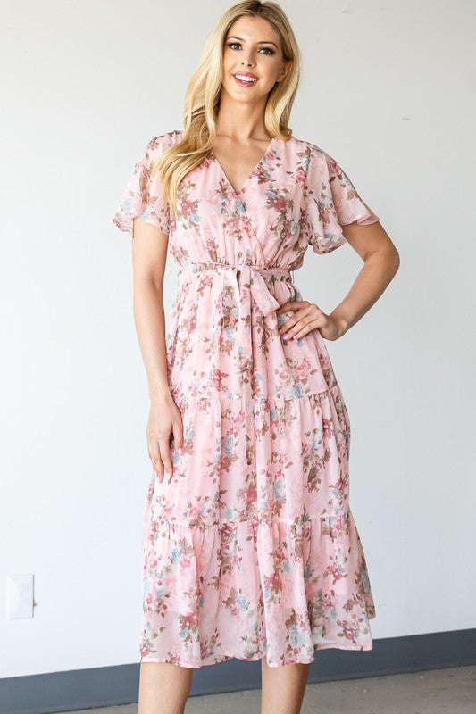 1902- Pink Floral Midi Dress w/ Elastic Waist & Front Tie