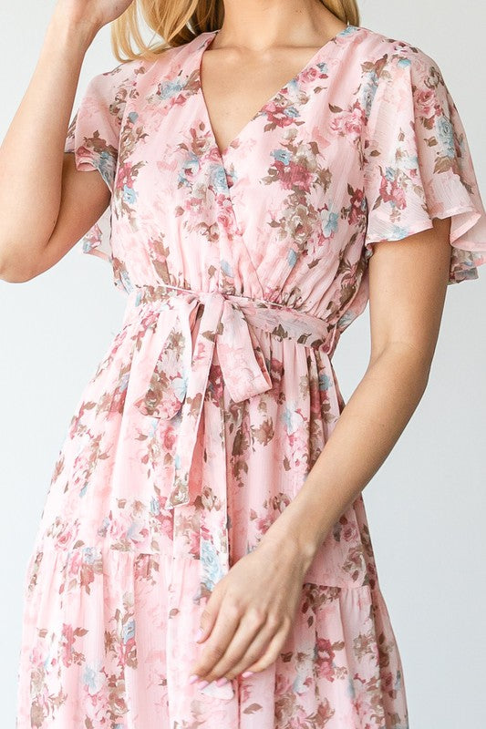 1902- Pink Floral Midi Dress w/ Elastic Waist & Front Tie