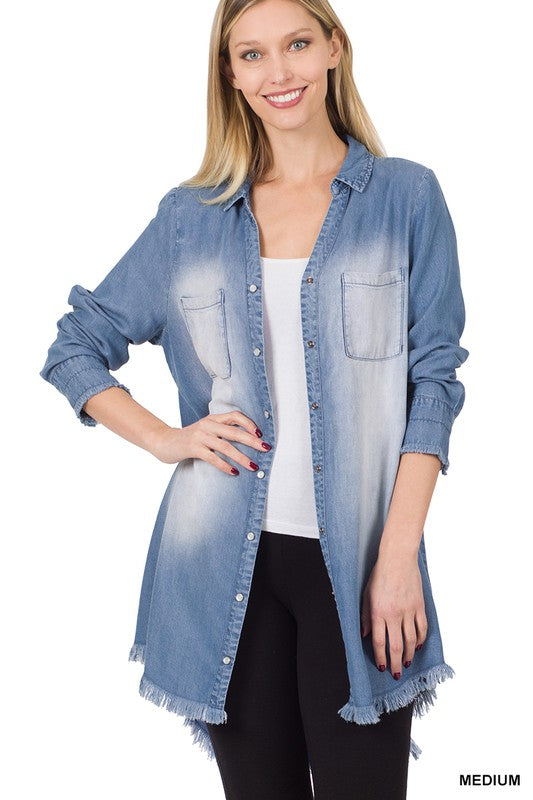 1604- Medium Wash Chambray Frayed Hem Cover Up Top