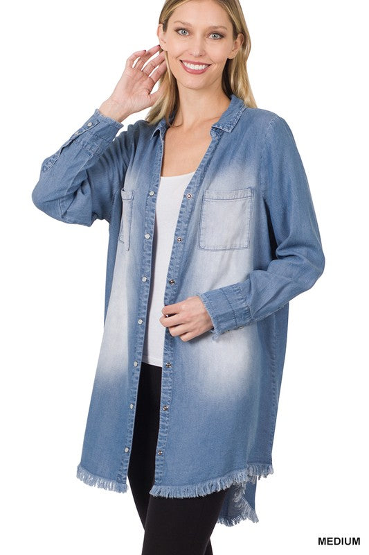 1604- Medium Wash Chambray Frayed Hem Shirts