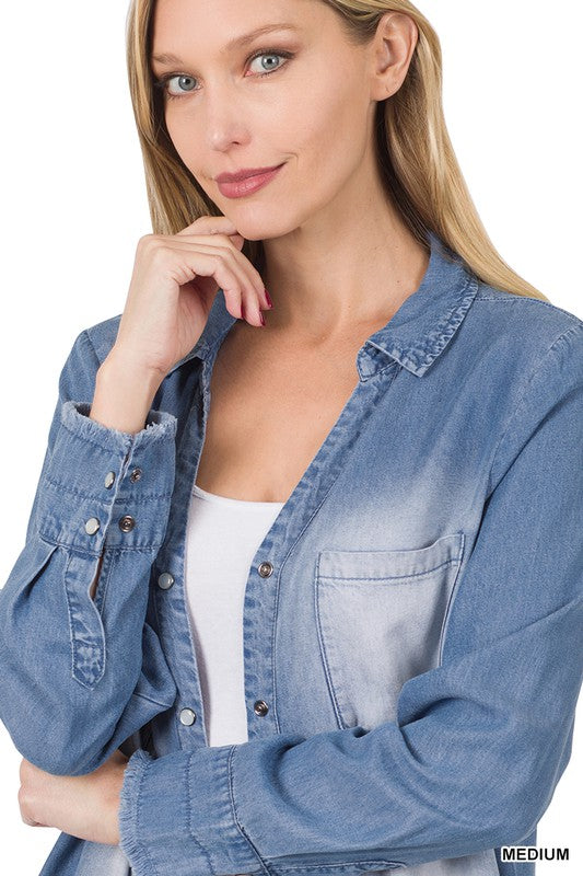 1604- Medium Wash Chambray Frayed Hem Cover Up Top